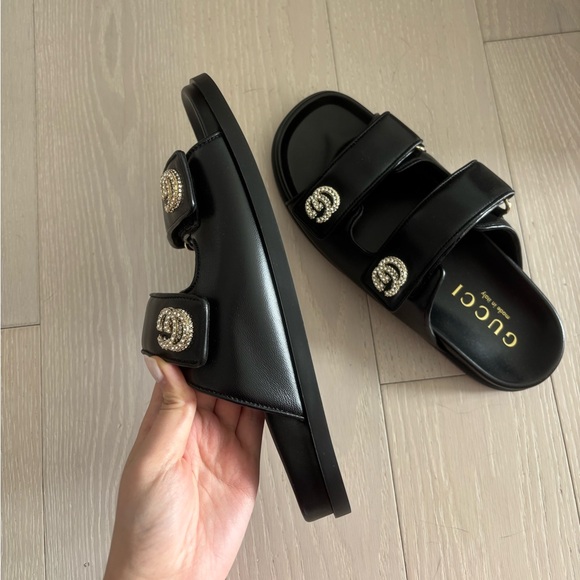 Gucci Black Leather Double-Strap Slide Sandals with Crystal GG Accents - Picture 2 of 7
